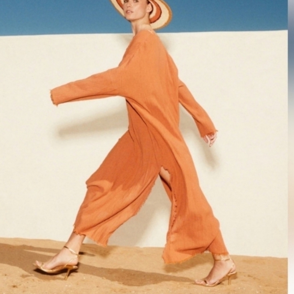 Zara Cotton Kaftan Beach Dress Camel Tan Medium Boho Coastal #104